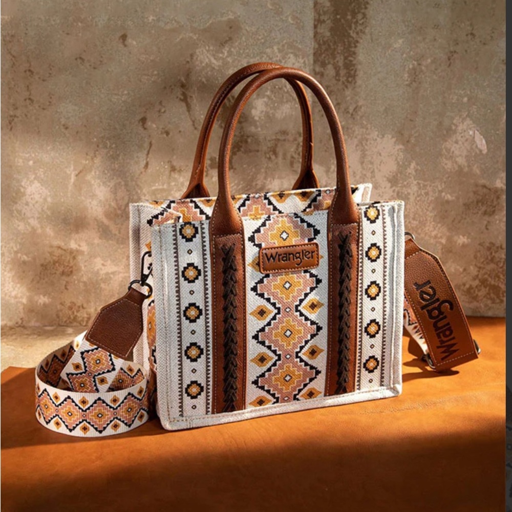 Wrangler Brown and Cream Tote with Geometric Pattern - Picture 3 of 5